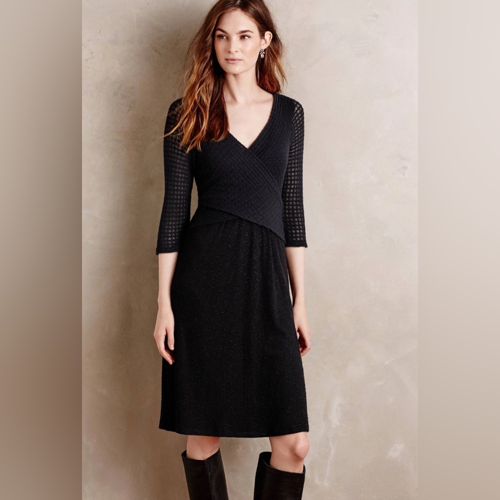 Anthropologie Amadi Fara Surplice Black Mixed Texture 3/4 Sleeve Dress Size M